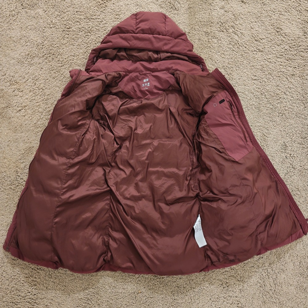 Uniqlo Seamless Down Parka Burgundy Wine Puffer Coat Hooded Jacket Womens Medium - Picture 3 of 6